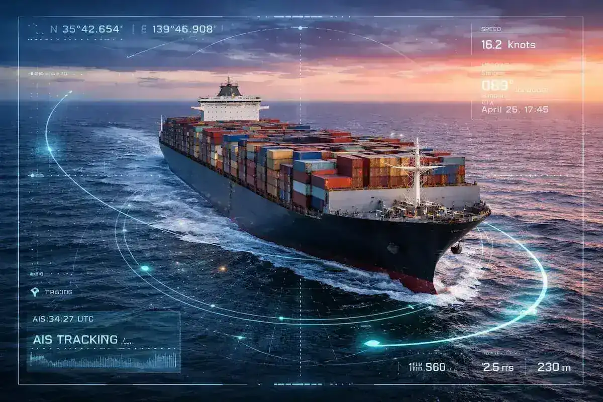 A large commercial vessel navigating open waters with digital AIS tracking overlays, representing modern maritime technology and ship chartering