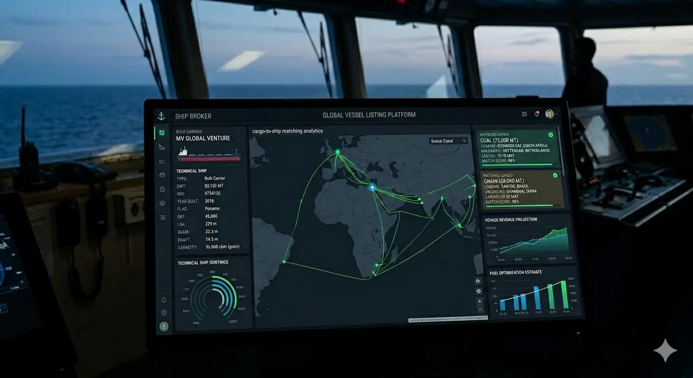 A professional digital vessel listing platform interface showing technical ship specifications, DWT, and cargo-to-ship matching analytics.